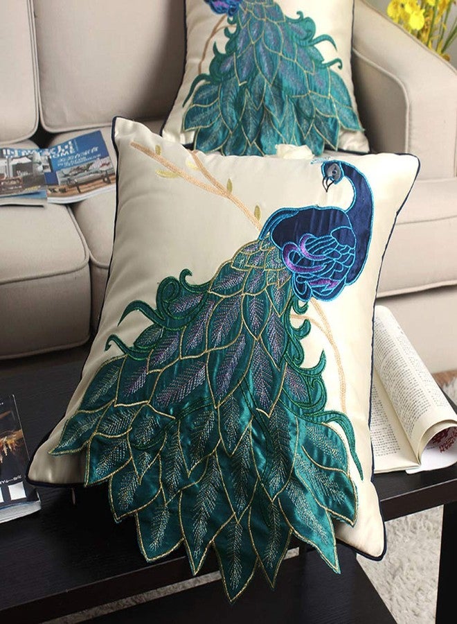vctops Embroidered Peacock Decorative Throw Pillow Case Silky Satin Cushion Cover Peacock 2 18"X18" - Image 2